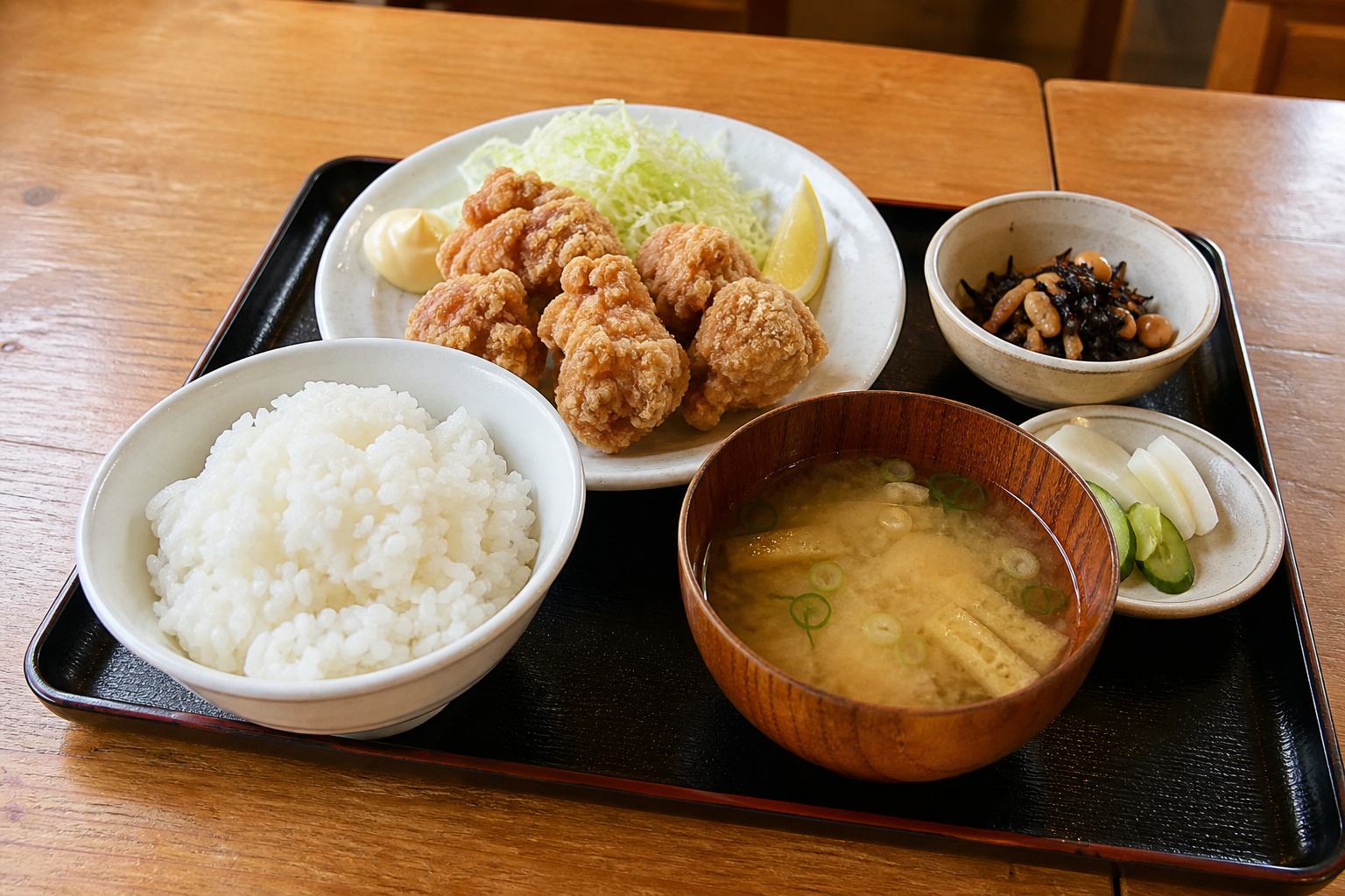 ごはん、味噌汁、からあげ、小鉢が並んだ定食
