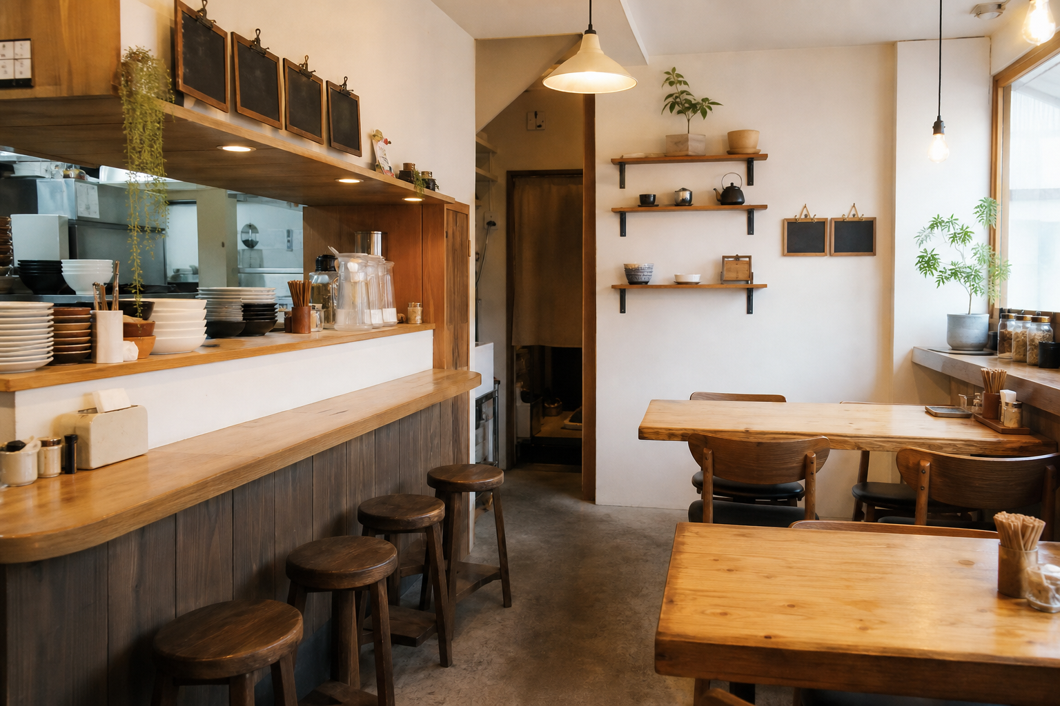 木のカウンターと小さなテーブルがある、清潔感のある店内