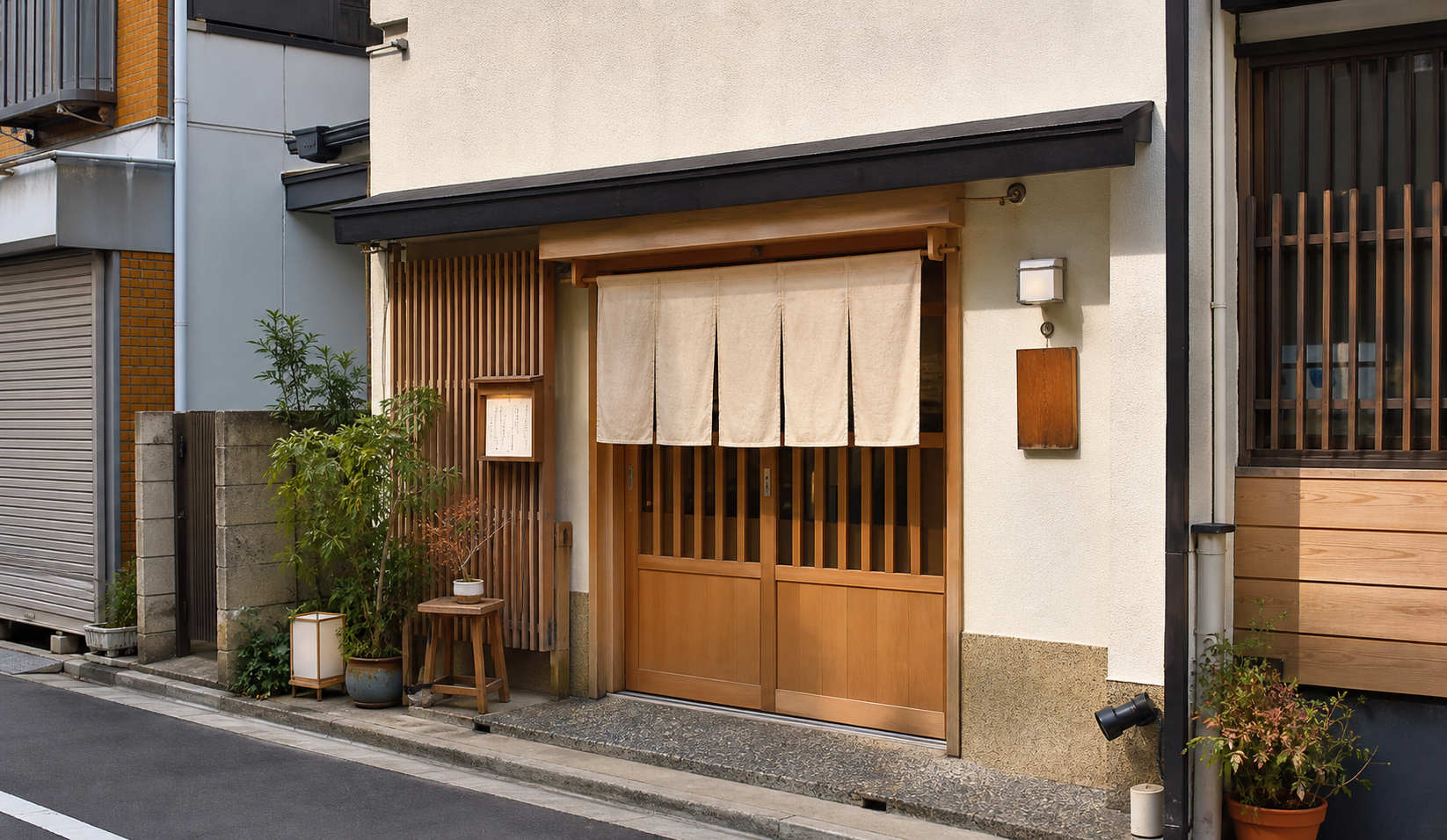 やさしい色ののれんと小さな看板がある定食屋の店先